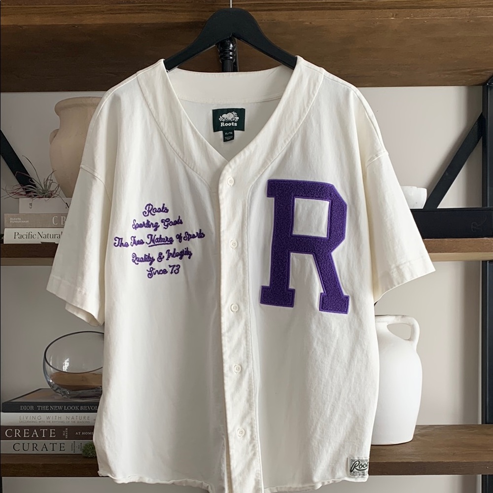 ROOTS SPORTING GOODS Men's Cream Baseball Jersey with Purple 'R' Patch